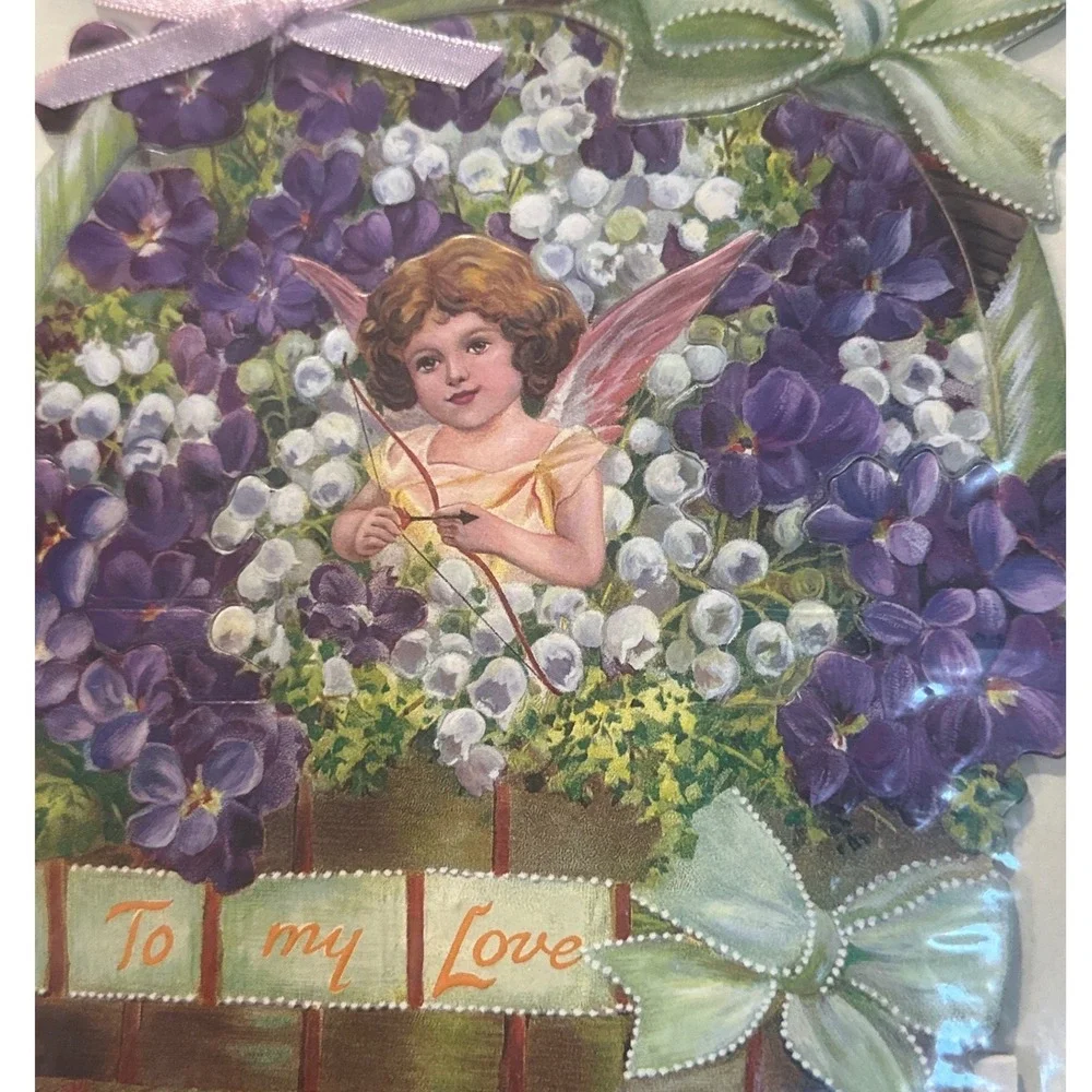 Shackman A Basket of Love Dimensional Greeting Card Victorian Cherub Violets 90s